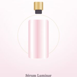 Frasco gotario rosado del Sérum Luminar de vitamina C de 30 ml sobre fondo pastel